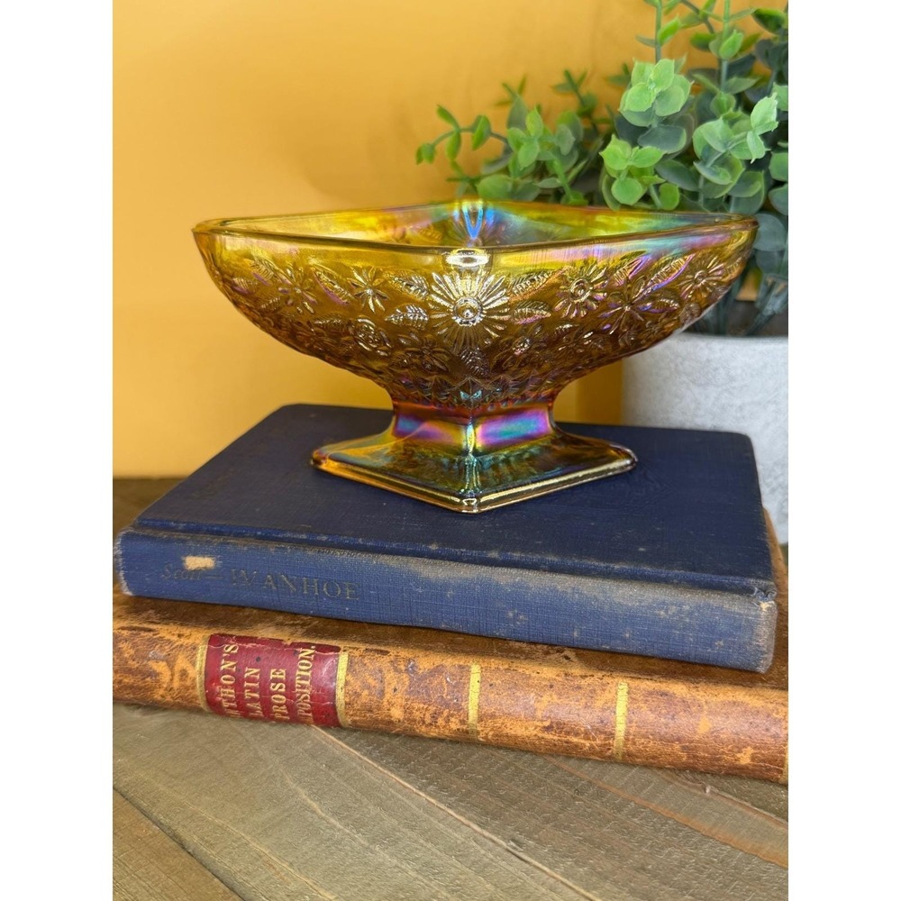 Vintage Marigold Carnival Glass Pedestal Bowl Iridescent Floral Square Dish